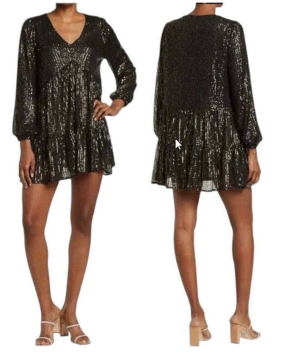 Melloday Black Gold Metallic Pleated Tunic Dress Balloon Sleeve Size L
